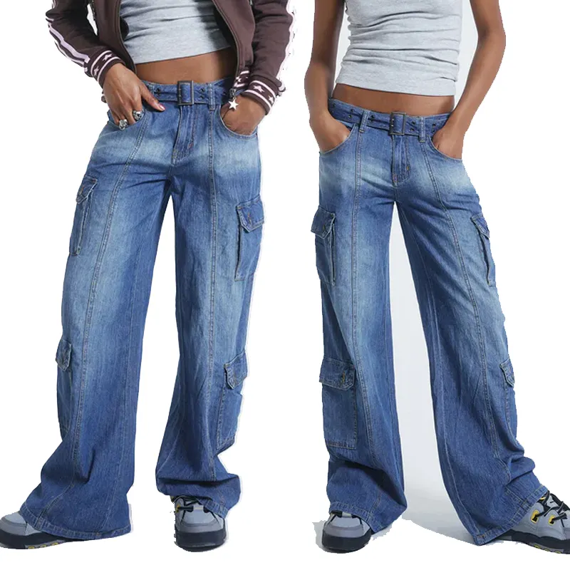 Womens multi pocket utility non-stretch blue denim cargo jeans
