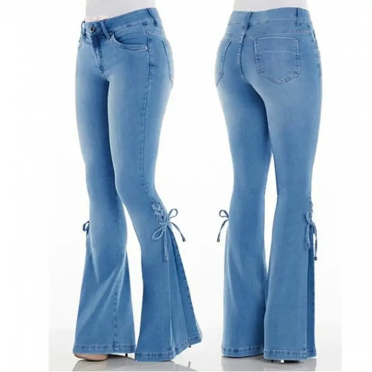  Denim flare pants women lace up slim-fit stretch jeans wide leg trousers