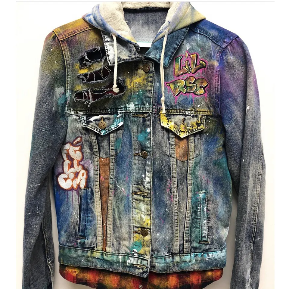 Vintage denim black acid wash jeans coat streetwear mens jacket