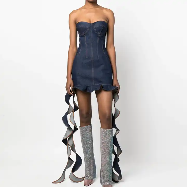 2024 Spring Details denim tube top slim sexy Mini dress