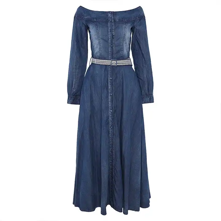 Denim cotton slash neck embroidery belt dresses with slit dresses