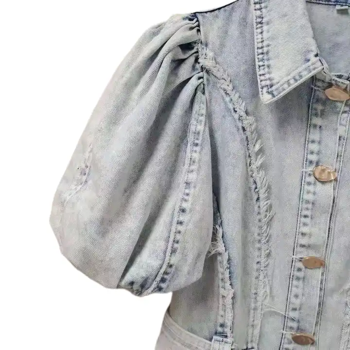  Denim short puff sleeve jeans shirt dress with belt OEM fashion fenim Summer Custom Logo dress