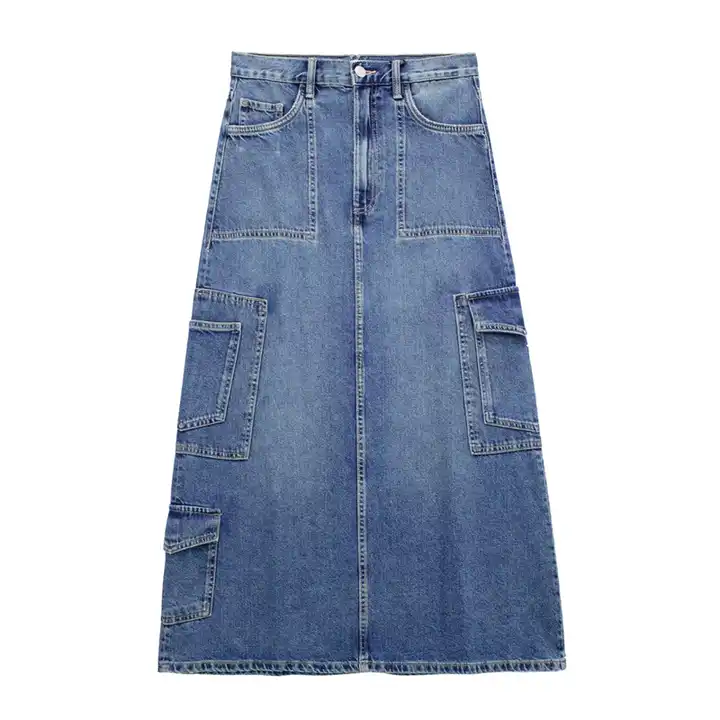Retro loose high waist a-line pocket denim skirt OEM fashion denim Summer Custom Logo dress