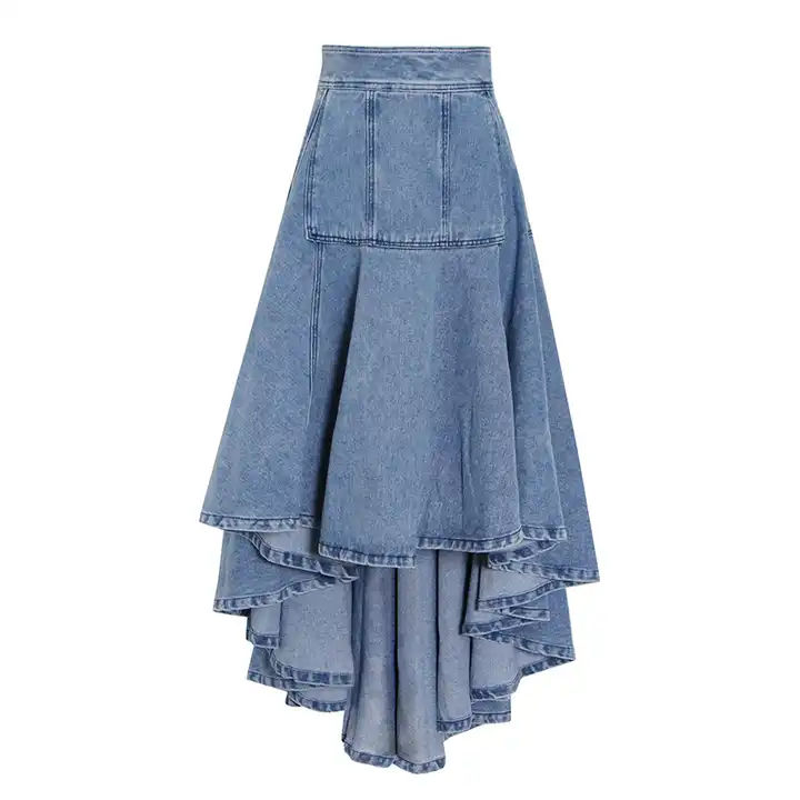 Blue fashion denim patchwork ruffles asymmetrical hem womens skirt OEM Fashion Summer Custom Logo dress