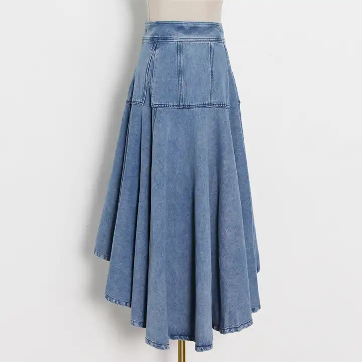 Blue fashion denim patchwork ruffles asymmetrical hem womens skirt OEM Fashion Summer Custom Logo dress