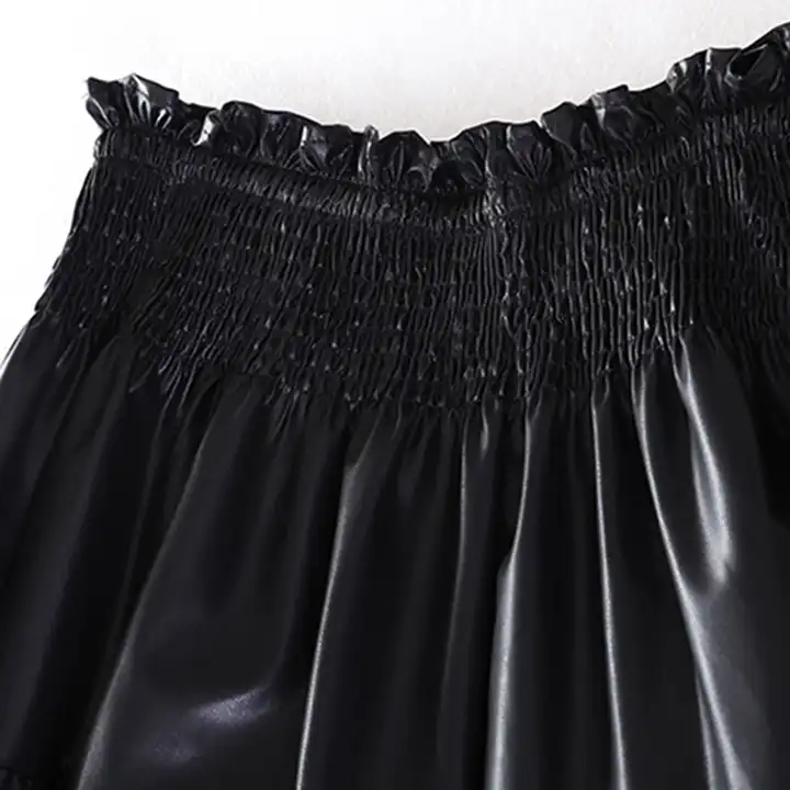 French Retro Style Pleated Elastic Tube Top PU leather skirts Spring Autumn Women's Skirts New Loose Hem A- Line Midi Skirt