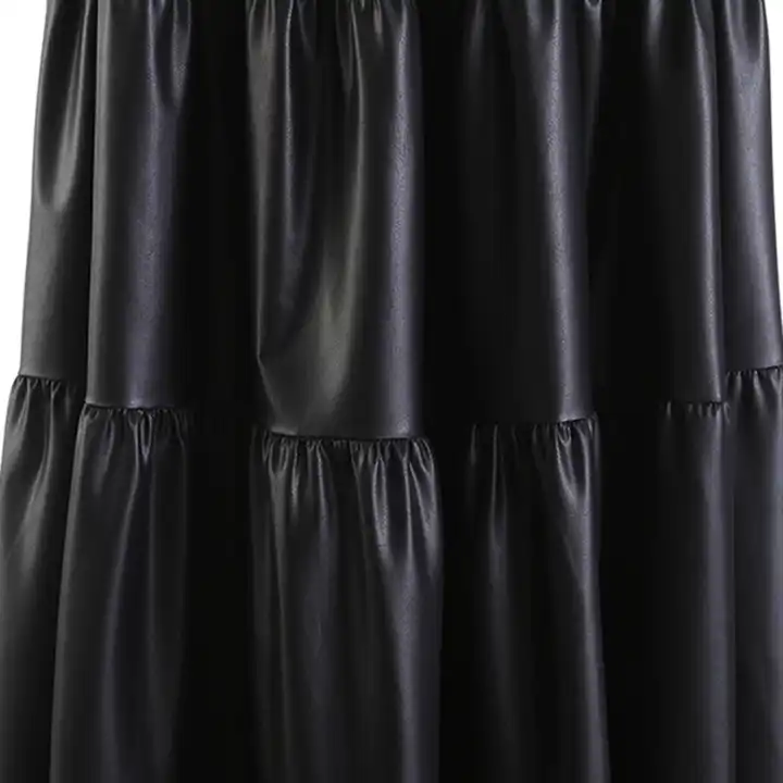 French Retro Style Pleated Elastic Tube Top PU leather skirts Spring Autumn Women's Skirts New Loose Hem A- Line Midi Skirt