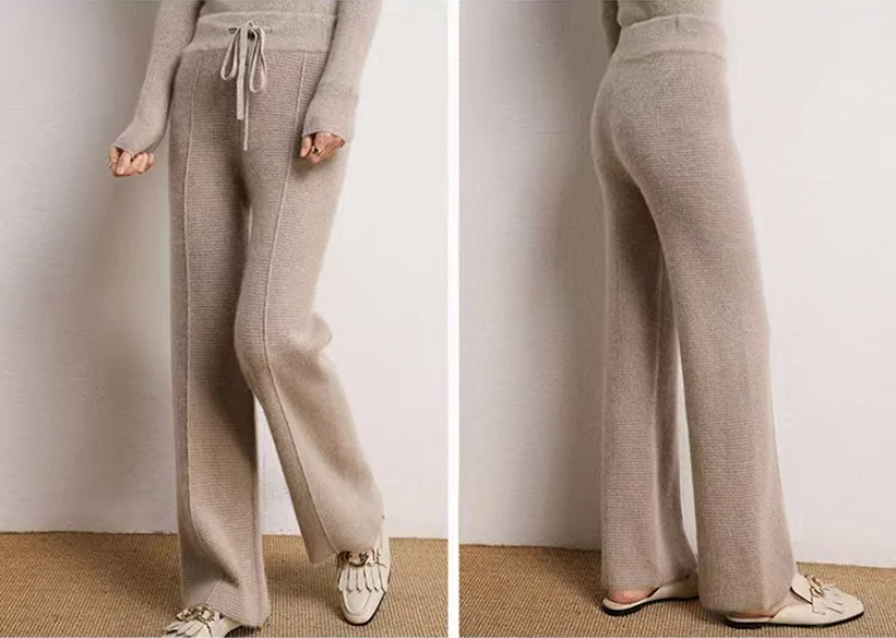 Winter Solid Elastic Ankle-length trousers Cashmere Wide Leg Belted Long Pants trousers 