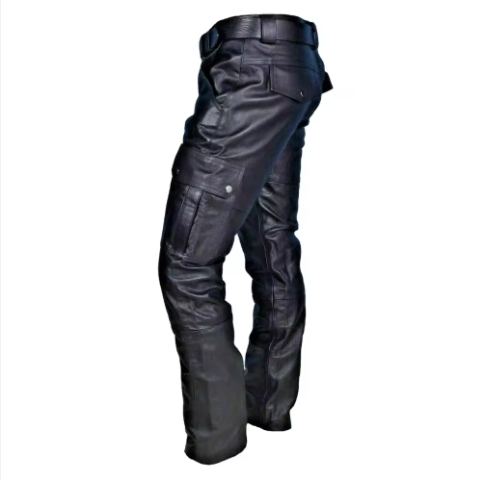 Leather Bikers Long Pants With Cargo Pockets Black Black Soft Men Pant Casual Trouser 