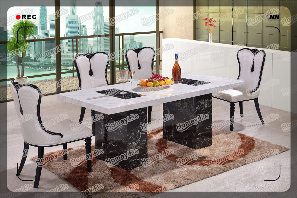 White And Black Two Legs Large Size 6 Seater Marble Dining Table HT05#