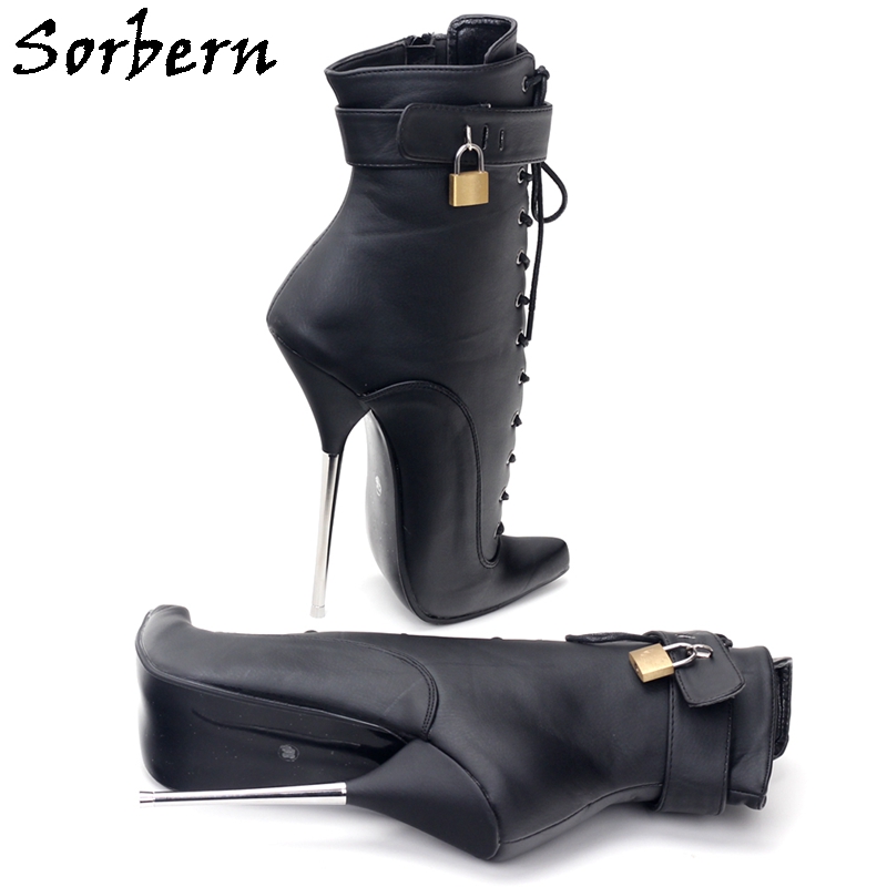 Sorbern Black Matt Ankle Boots Women Ballet Metal Heels 18cm Stilettos Lockable Ankle Straps 
