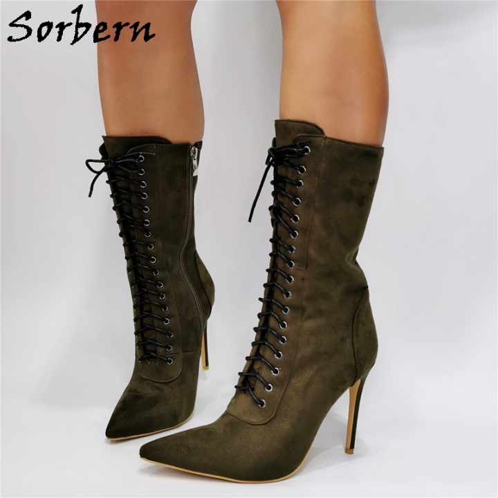 Sorbern Army Green Ankle Boots For Women High Heel Pointy Toes Lace Up