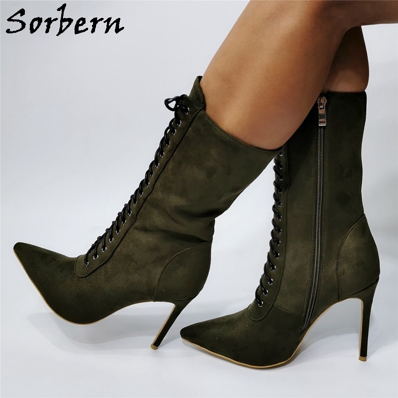 Sorbern Army Green Ankle Boots For Women High Heel Pointy Toes Lace Up
