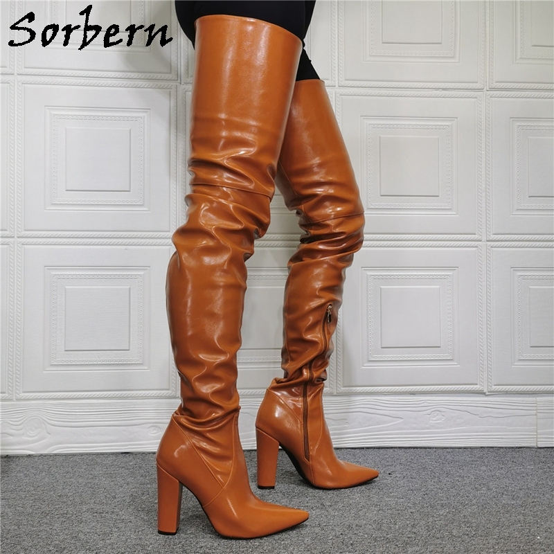 Sorbern Brown Mid Thigh High Lady Boots Block High Heel Pointy Toe Shoes