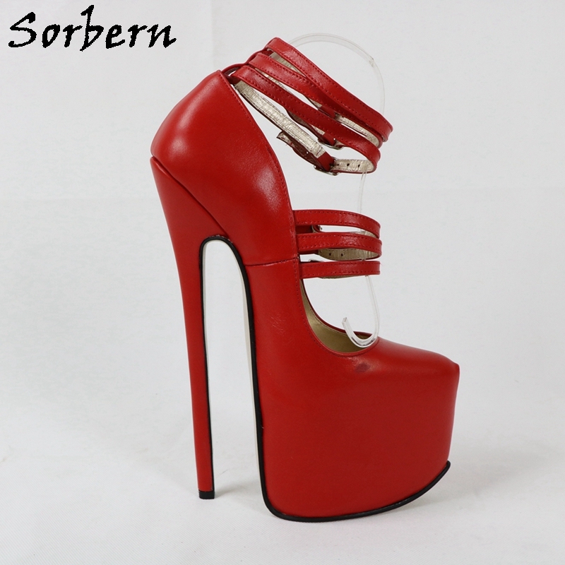 Sorbern 24cm Genuine Leather Women Pump High Heels Pointed Toe Ankle Straps 4741