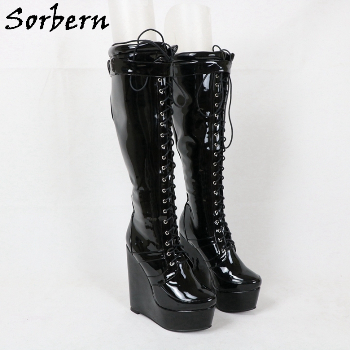 Sorbern Red Patent Knee High Boots Women Wedge High Heel Platform Lace Up