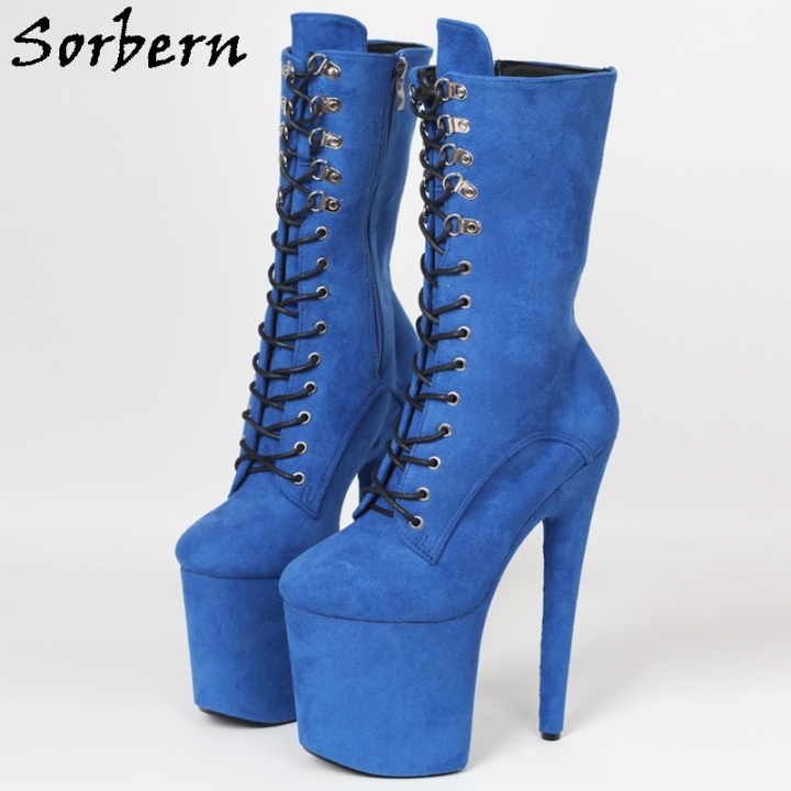 Sorbern Blue Exotic Pole Dance Boots Mid Calf High Lace Up 15cm 17cm