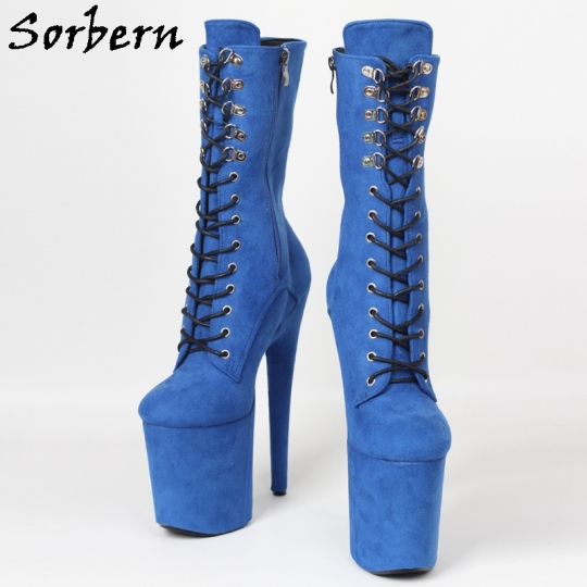 Sorbern Blue Exotic Pole Dance Boots Mid Calf High Lace Up 15Cm 17Cm ...