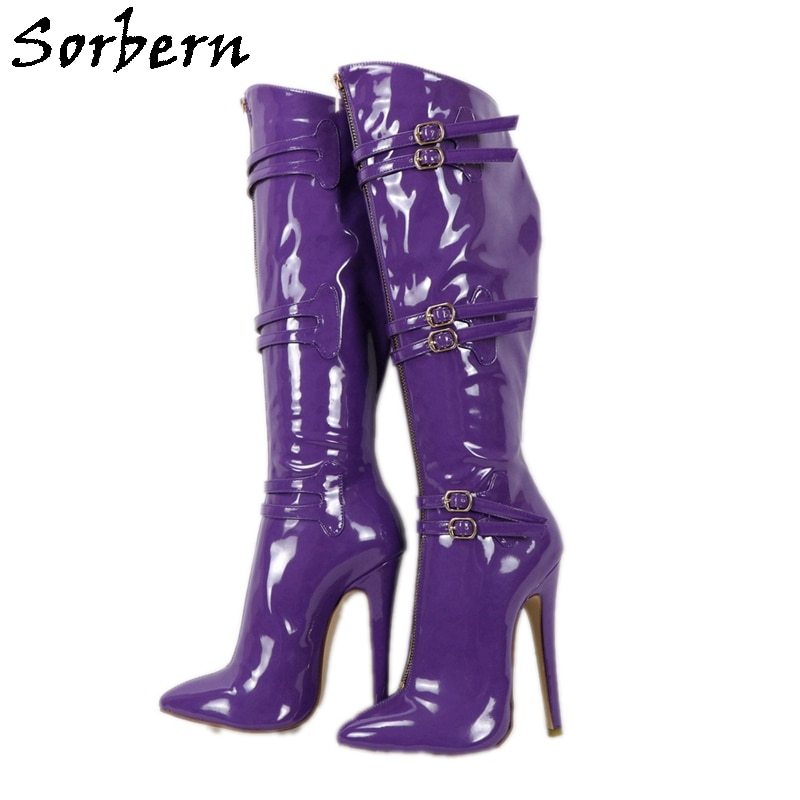 Sorbern Purple Patent Knee High Boots Women High Heel Stilettos Buckle Straps Custom Wide Or 