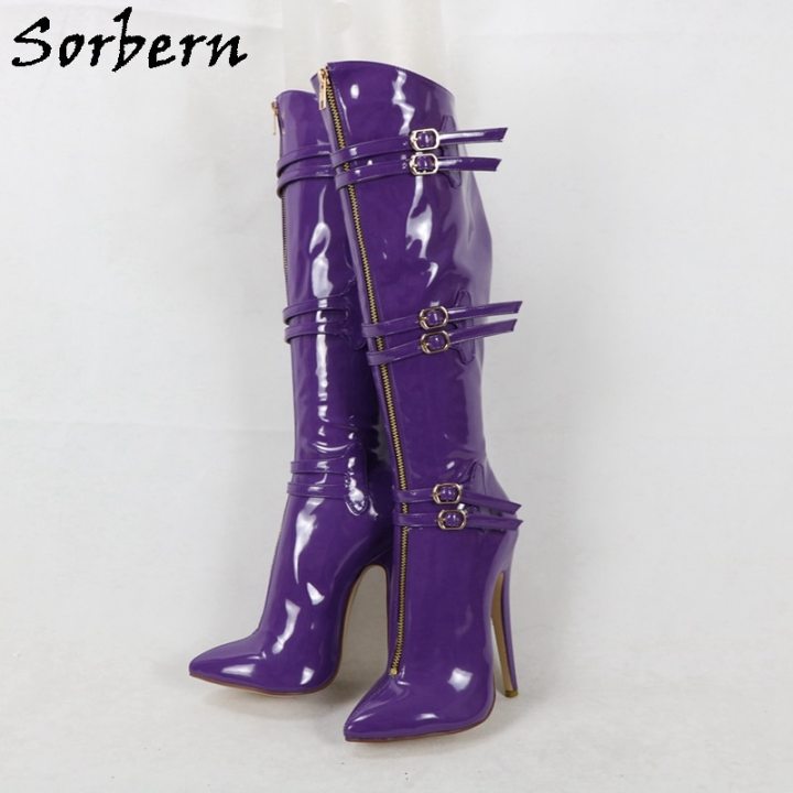 purple knee high heel boots