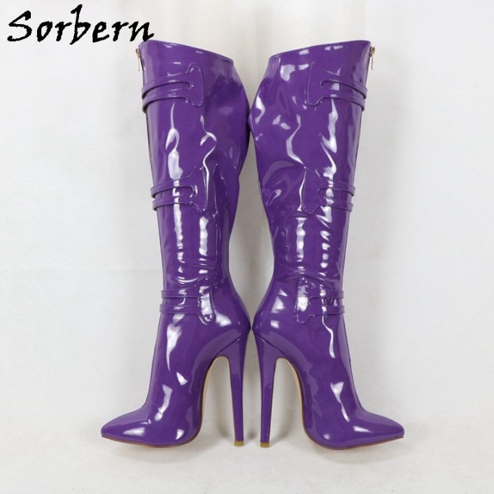 Sorbern Purple Patent Knee High Boots Women High Heel Stilettos Buckle Straps Custom Wide Or 