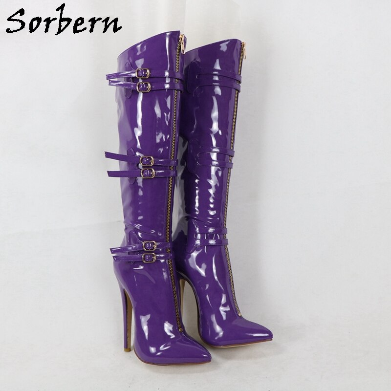 purple knee high heel boots