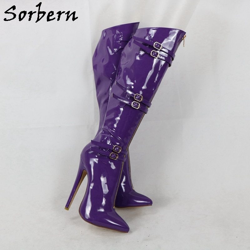 purple knee high heel boots