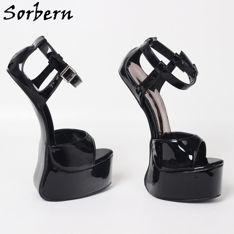 Sorbern Black Patent Women Sandals Platform 22cm Heelless Slingback Summer Shoes Ankle Straps