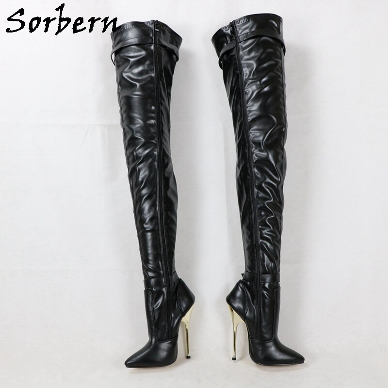Sorbern Black Crotch Thigh High Boots Side Zipper 14Cm Gold Heels ...