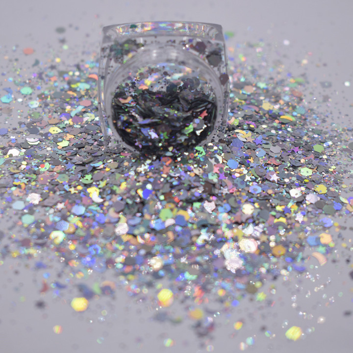 LBS100  Holographic mixed chunky Hexagon 3mm stars plus 3mm moon glitter