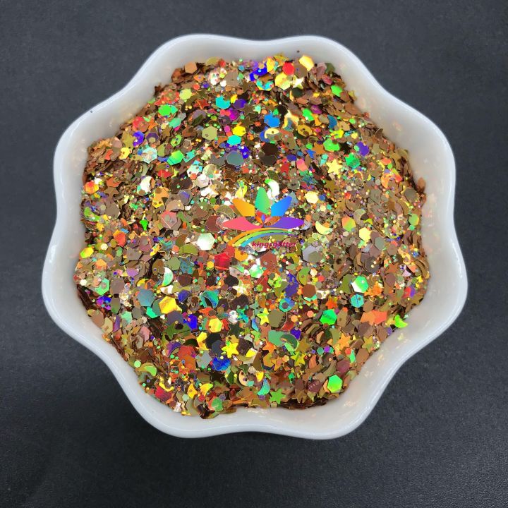 LBS200   Solvent Resistant High Sparkling Chunky hexagonal Holographic laser glitter mixed stars and moon