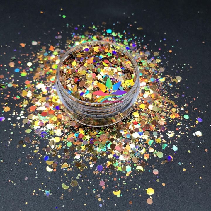 LBS200   Solvent Resistant High Sparkling Chunky hexagonal Holographic laser glitter mixed stars and moon