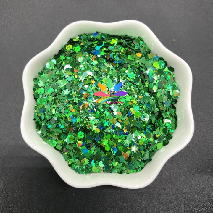 LBS600   Solvent Resistant High Sparkling Chunky hexagonal Holographic laser glitter mixed stars and moon