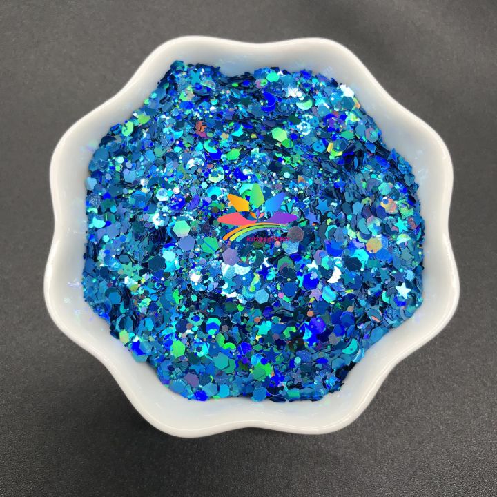 LBS700   Solvent Resistant High Sparkling Chunky hexagonal Holographic laser glitter mixed stars and moon
