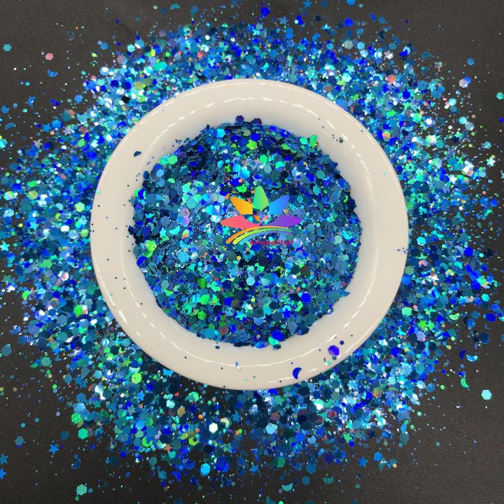 LBS700   Solvent Resistant High Sparkling Chunky hexagonal Holographic laser glitter mixed stars and moon