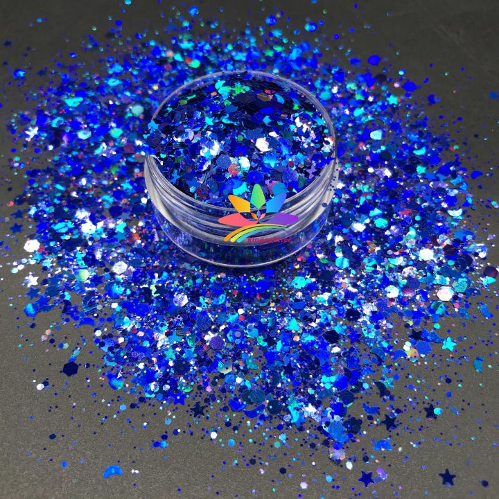 LBS705   Solvent Resistant High Sparkling Chunky hexagonal Holographic laser glitter mixed stars and moon