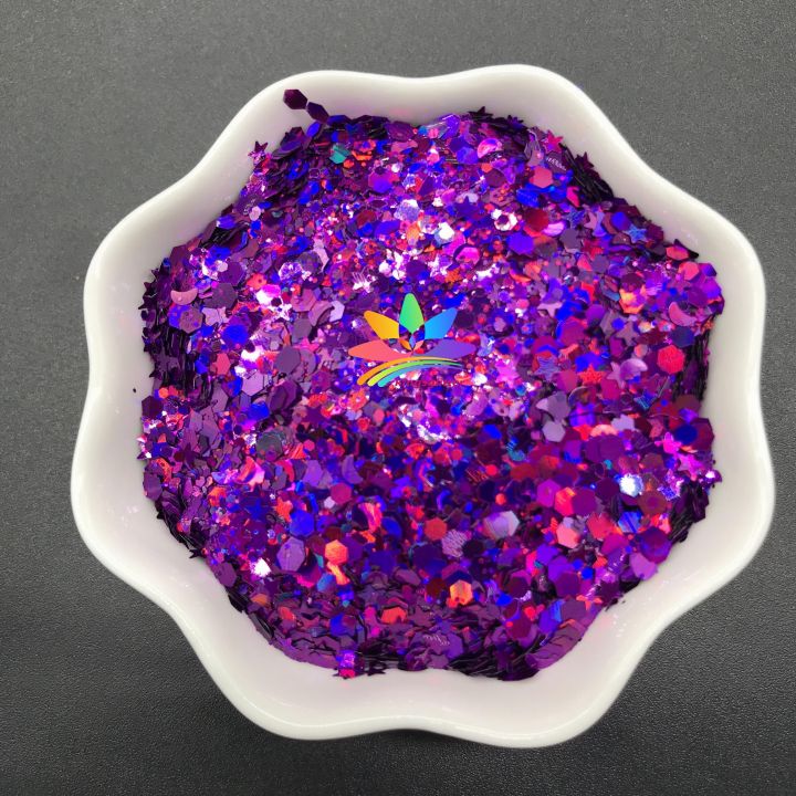 LBS800   Solvent Resistant High Sparkling Chunky hexagonal Holographic laser glitter mixed stars and moon