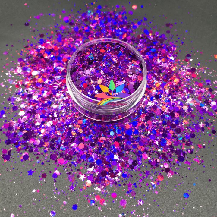 LBS800   Solvent Resistant High Sparkling Chunky hexagonal Holographic laser glitter mixed stars and moon