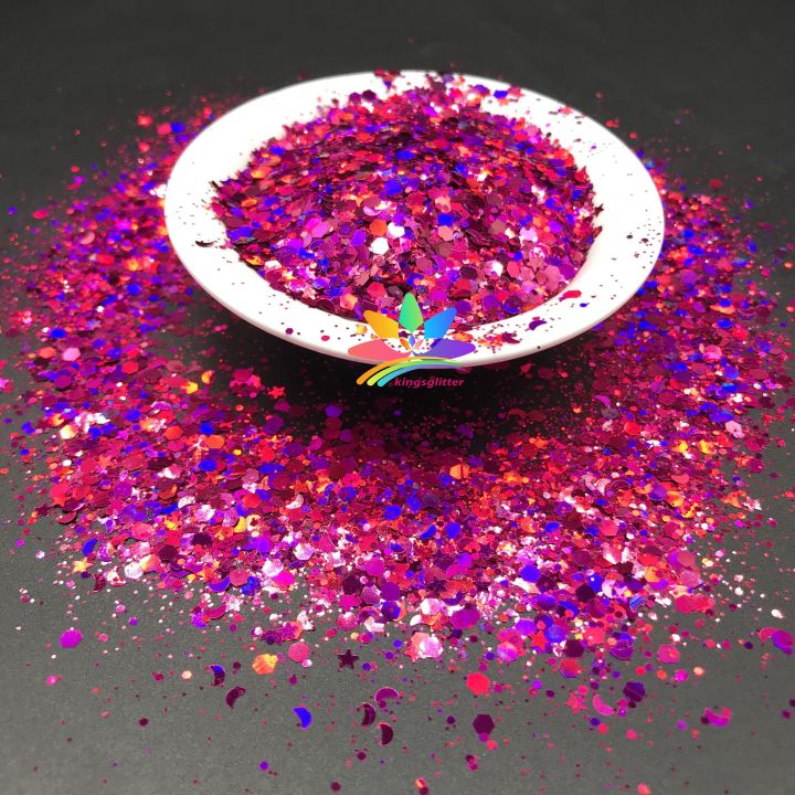 LBS900   Solvent Resistant High Sparkling Chunky hexagonal Holographic laser glitter mixed stars and moon