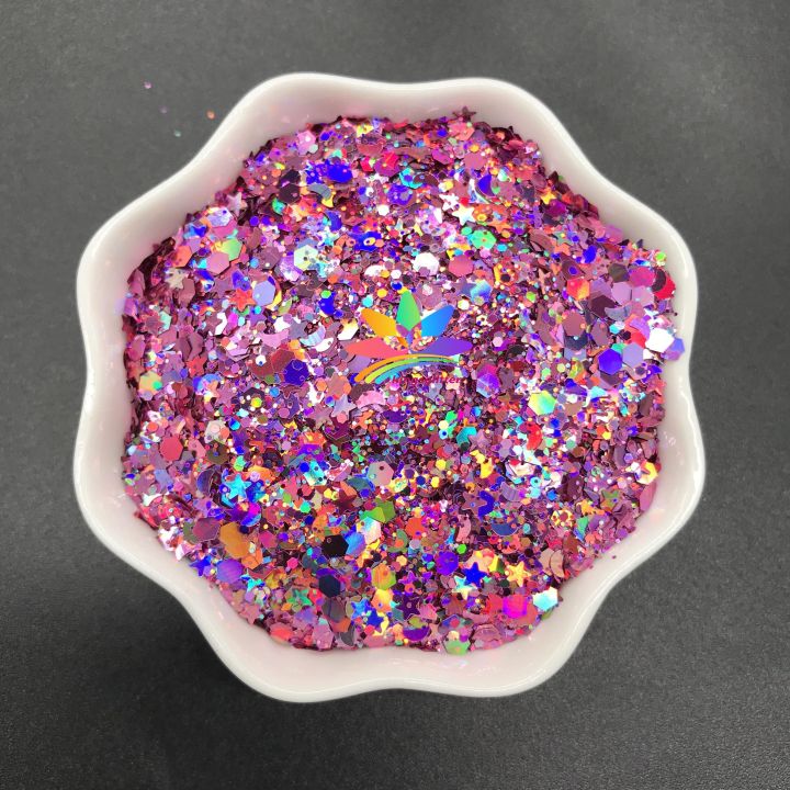 LBS901   Solvent Resistant High Sparkling Chunky hexagonal Holographic laser glitter mixed stars and moon