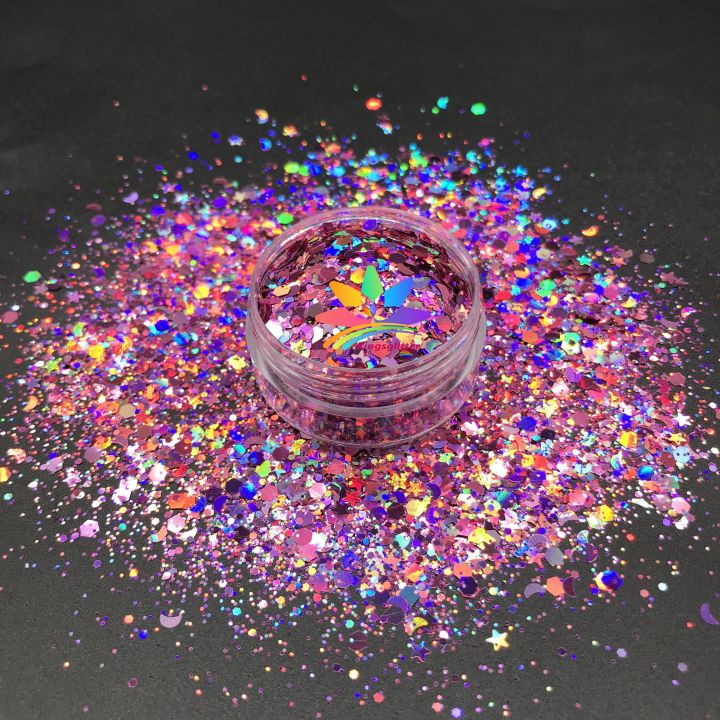 LBS901   Solvent Resistant High Sparkling Chunky hexagonal Holographic laser glitter mixed stars and moon