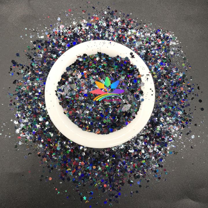 LBS1000   Solvent Resistant High Sparkling Chunky hexagonal Holographic laser glitter mixed stars and moon