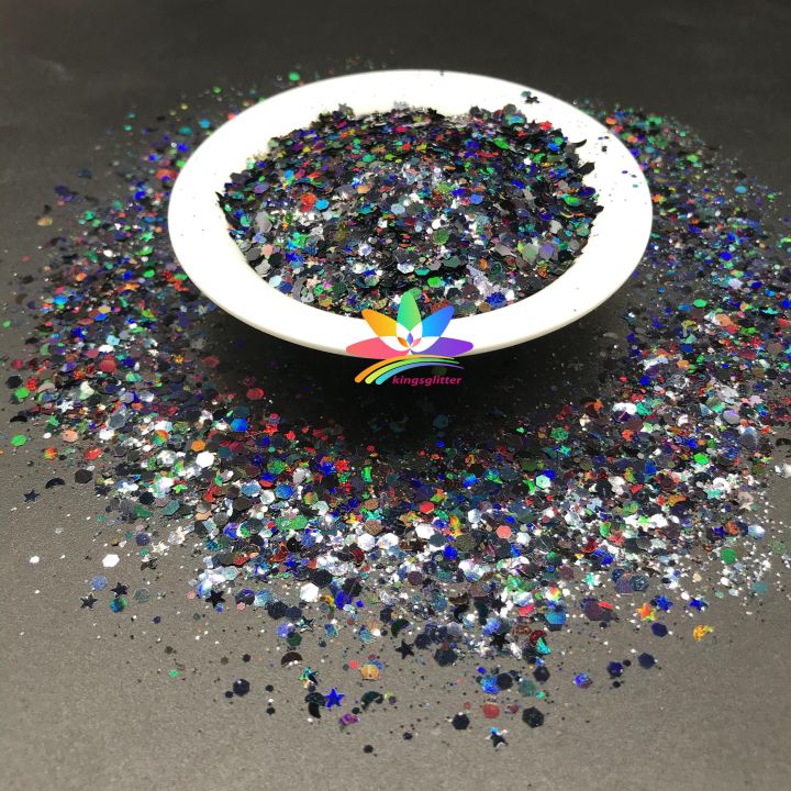 LBS1000   Solvent Resistant High Sparkling Chunky hexagonal Holographic laser glitter mixed stars and moon