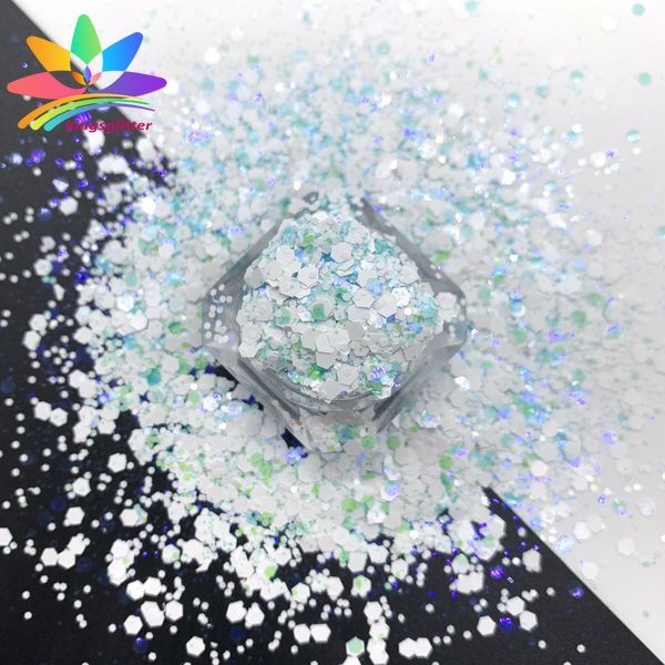KW007  new hot-selling chunky mixed white glitter polyester bulk flashing for tumbler wall floor Christmas decoration 