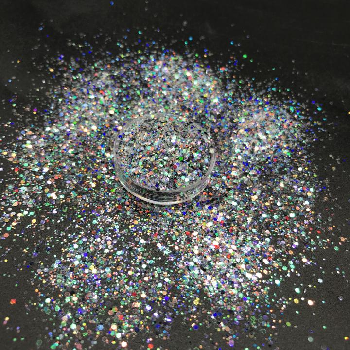 KLC012 1/24 1/64 mixed Customized polyester glitter Holographic chunky Hexagon glitter 