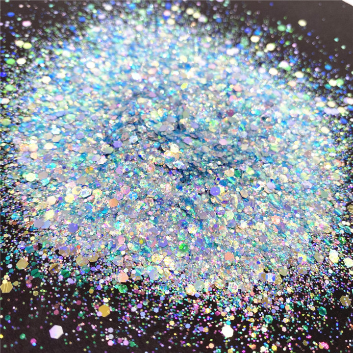 KSD011  2021 hot selling polyester bulk glitter Blue background golden light Iridescent chunky mix  
