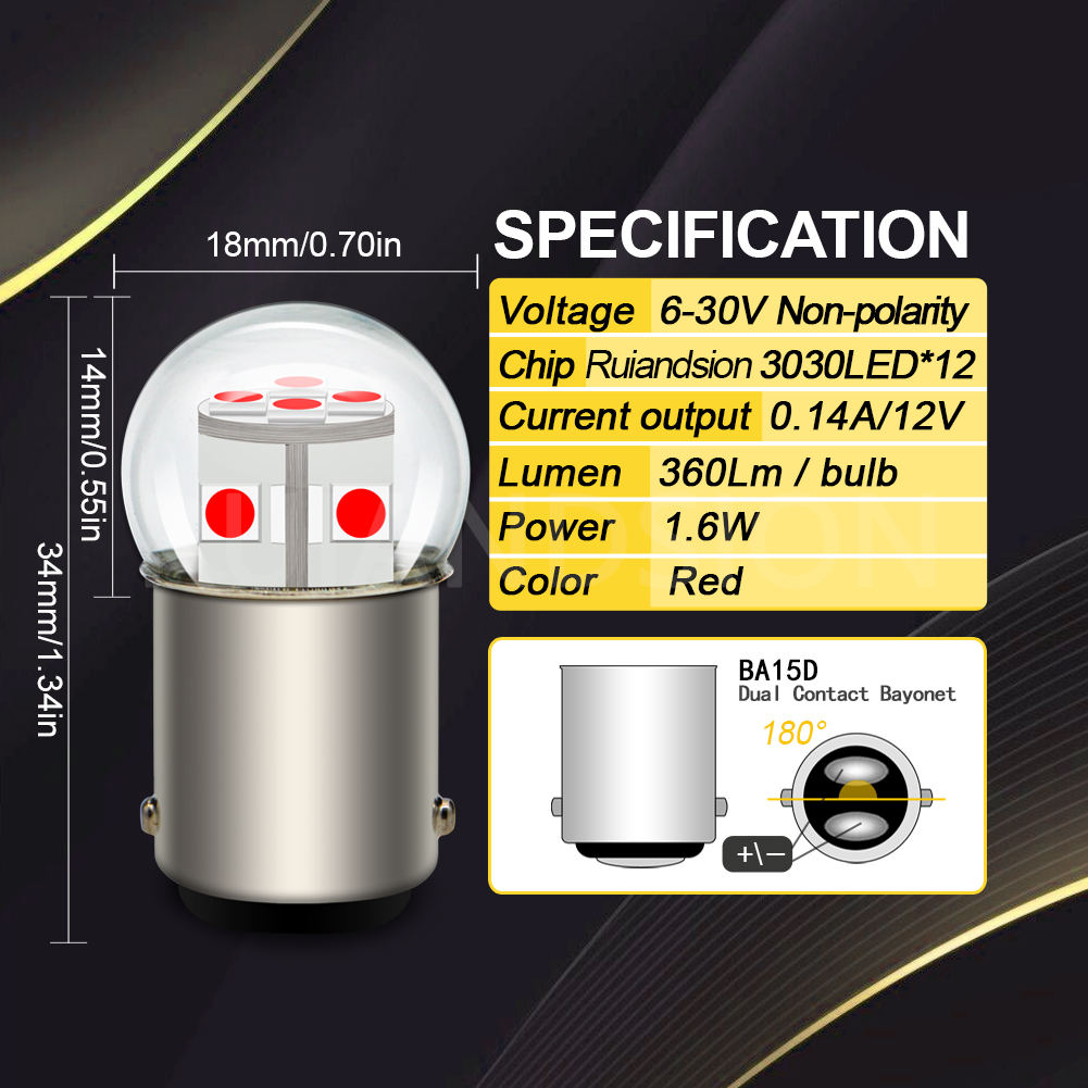 Ruiandsion BA15D BAU15S 1156 1157 BAY15D Car Led Blub Car Headlight Light Car taillight Wide voltage 6V 12V 24V 1.6W White Warm White Yellow Red Factory Supply   