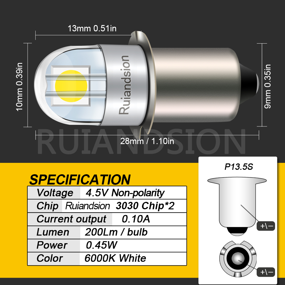 Ruiandsion p13 5s Maglite LED Flashlight Bulb Replacement 3V 4.5V 6V 12V 18V 24V White 10pcs  