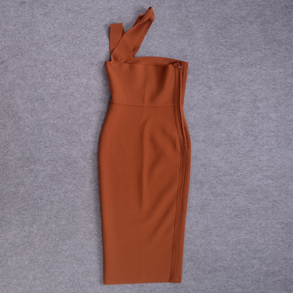 2022 Elegant Brown Bodycon Hollow Out Asymmetric Halter One Shoulder Vestido Midi Length Club Party Bandage Dress HLB5409 