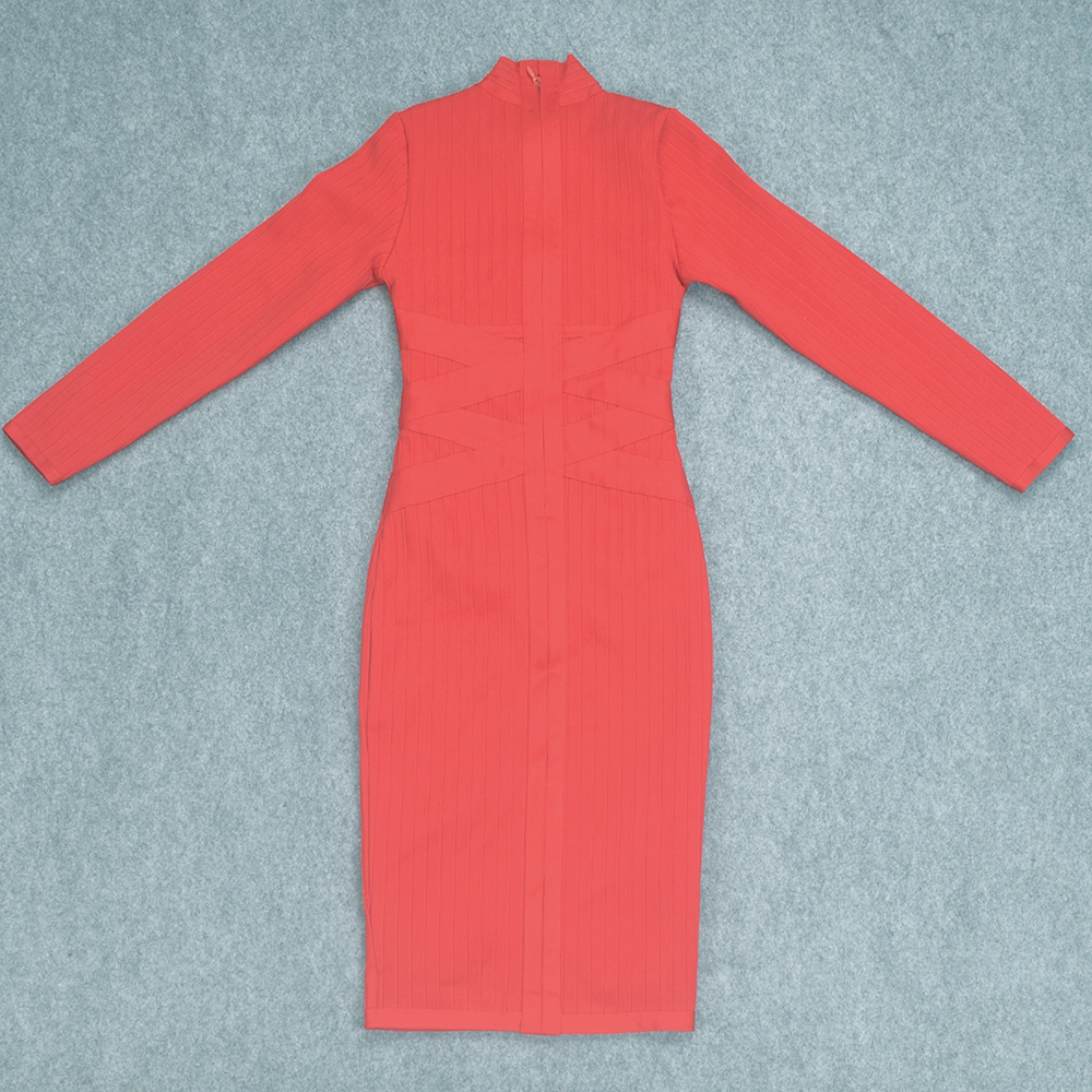 BEAUKEY Sexy Red Bandage Dress 2023 Nude Turtleneck Long Sleeves Office Bodycon Dress Cross Criss Women Midi Vestidos Maxi XL 